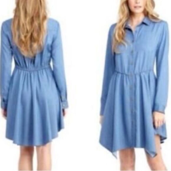 RACHEL Rachel Roy Blue Chambray Snap Front Handkerchief Hem LS Shirt Dress Sz 2 - Picture 1 of 16